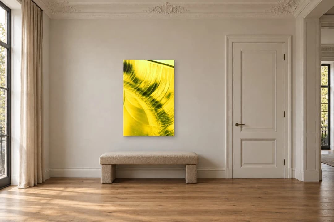 Citrine Current on a hallway wall at 120 × 80 cm, to scale