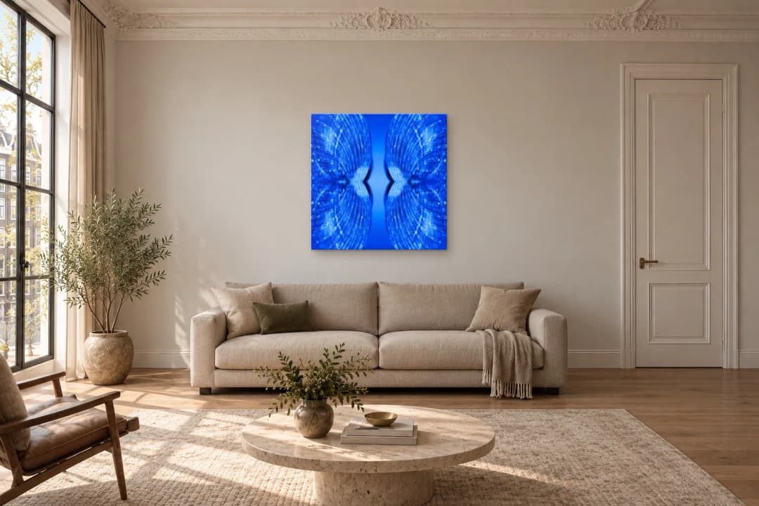 Cobalt Hinge on a living room wall at 100 × 100 cm, to scale