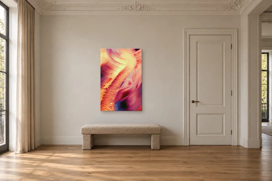 Coral Pulse on a hallway wall at 120 × 80 cm, to scale