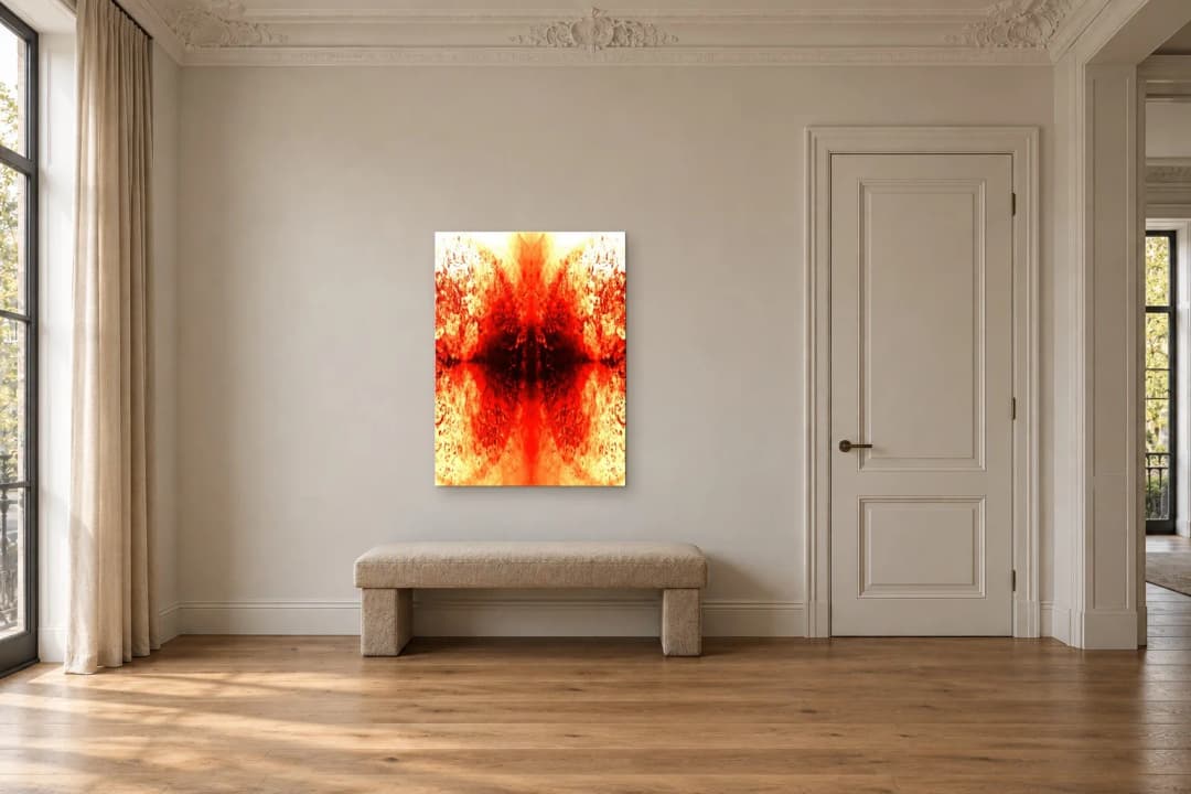Kindled Breath on a hallway wall at 112 × 84 cm, to scale