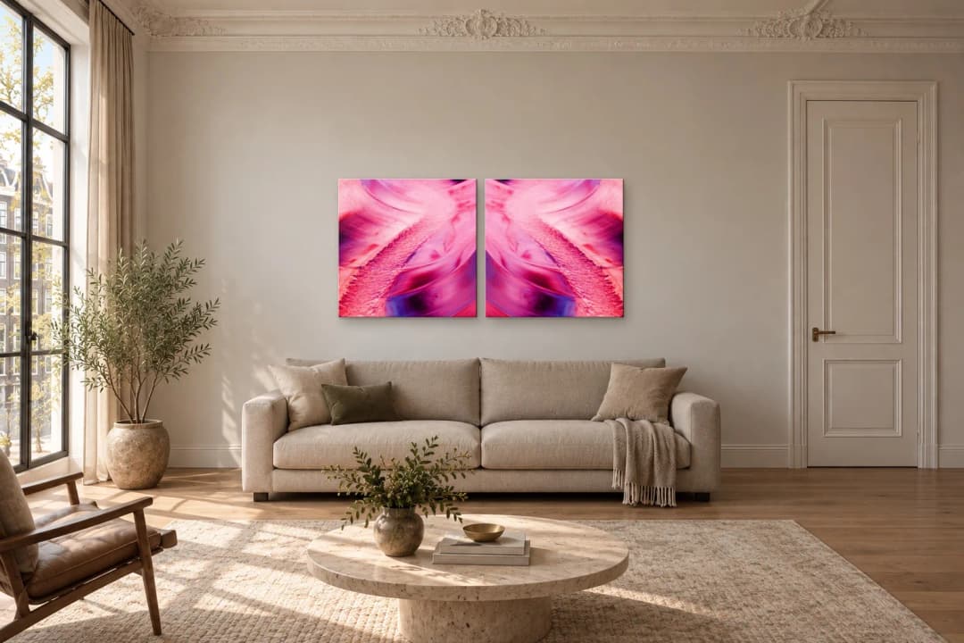 Left Pulse Right Pulse on a living room wall at 2 × 80 x 80 cm, to scale