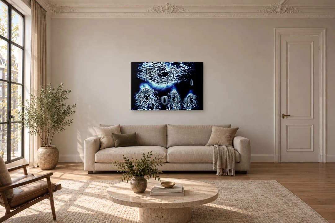 Midnight Gates on a living room wall at 120 × 80 cm, to scale