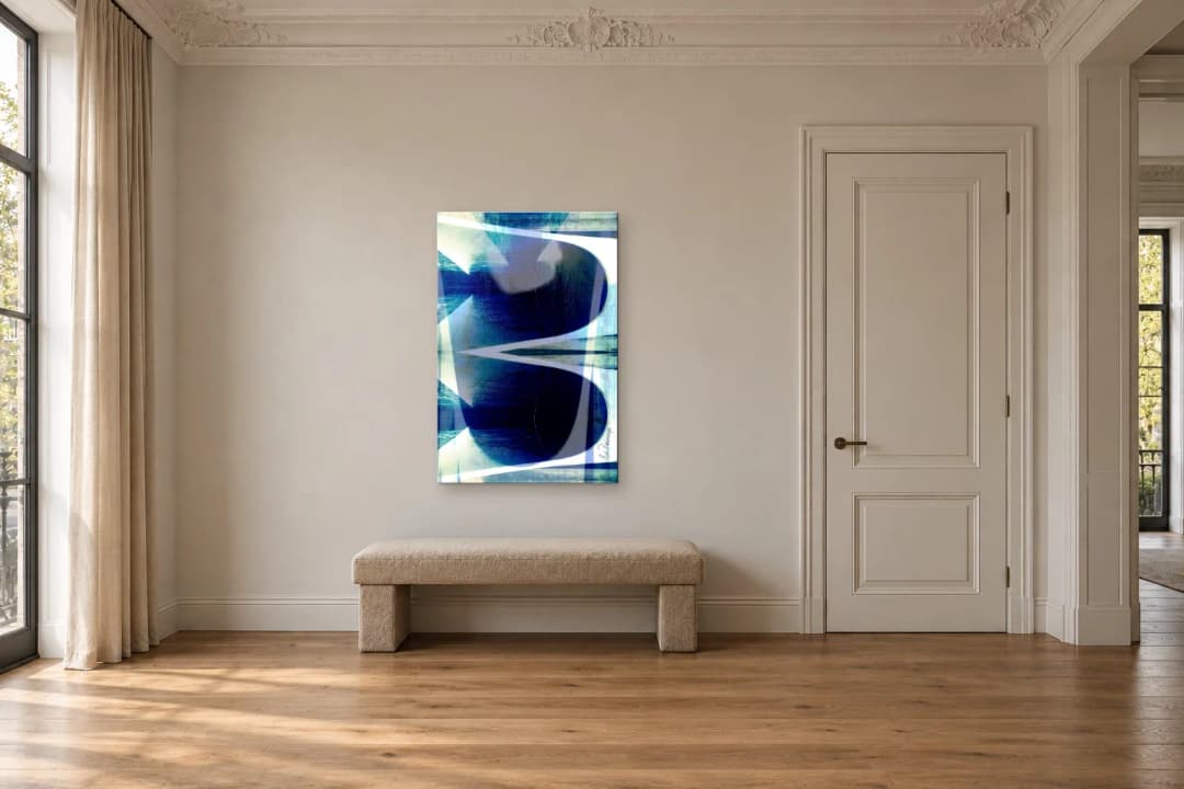 Vaulted Blue on a hallway wall at 120 × 80 cm, to scale