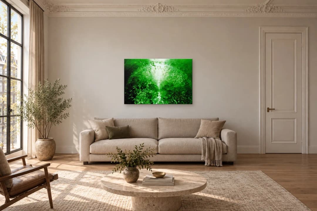 Verdant Breath on a living room wall at 120 × 80 cm, to scale