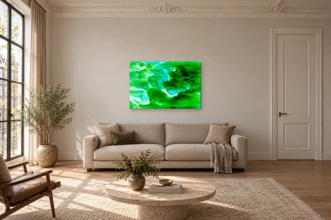 Emerald Shift on a living room wall at 120 × 80 cm, to scale