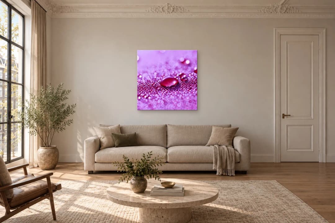 One Small Gravity on a living room wall at 100 × 100 cm, to scale